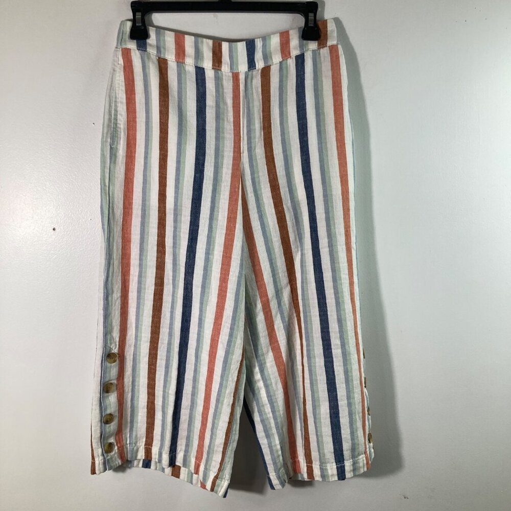 Womens ANA Striped Linen Cotton Wide Leg Cropped Pants‎ PS Pockets